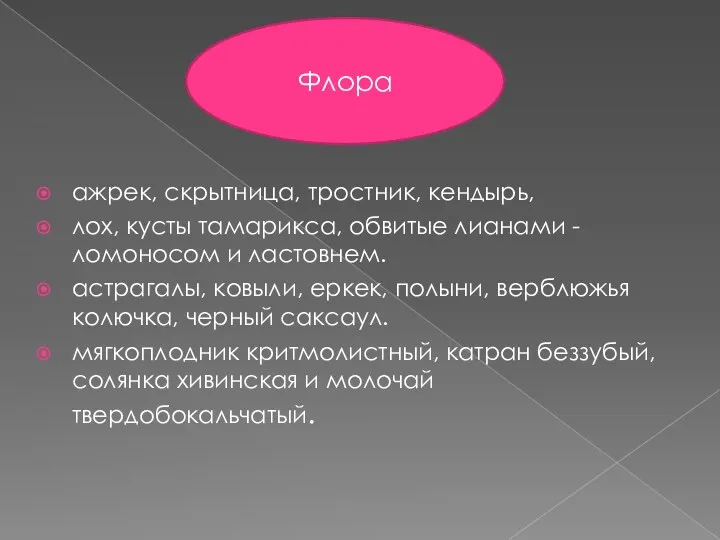 ажрек, скрытница, тростник, кендырь, лох, кусты тамарикса, обвитые лианами -ломоносом