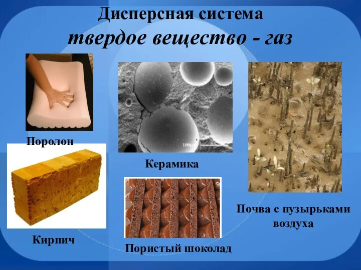 Дисперсная система твердое вещество - газ Кирпич Почва с пузырьками воздуха Керамика Поролон Пористый шоколад