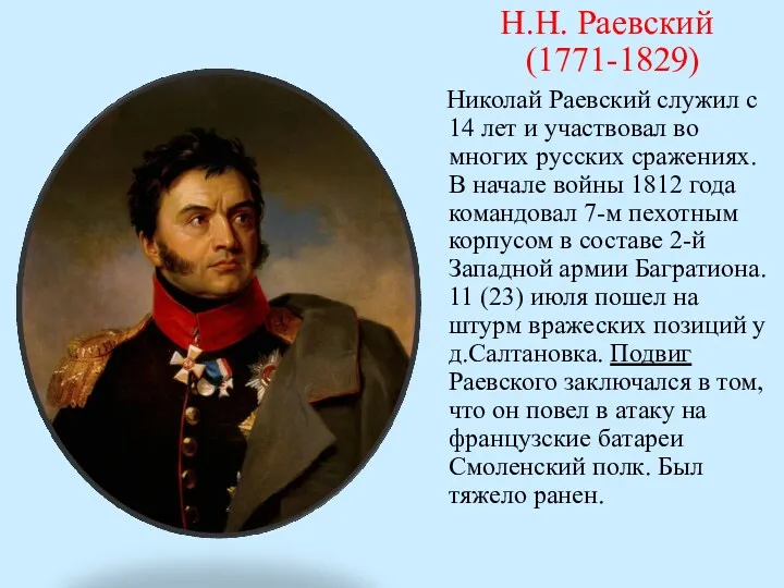 Н.Н. Раевский (1771-1829) Николай Раевский служил с 14 лет и