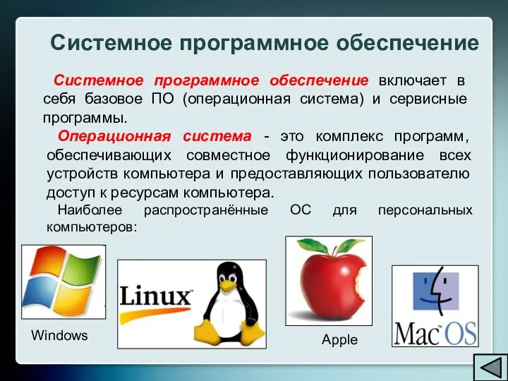 Системное программное обеспечение включает в себя базовое ПО (операционная система)