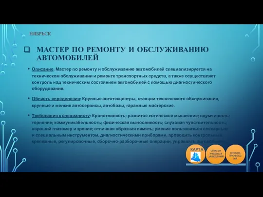 МАСТЕР ПО РЕМОНТУ И ОБСЛУЖИВАНИЮ АВТОМОБИЛЕЙ Описание: Мастер по ремонту и обслуживанию автомобилей