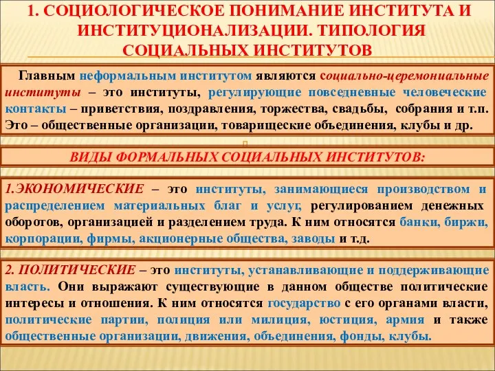 1. СОЦИОЛОГИЧЕСКОЕ ПОНИМАНИЕ ИНСТИТУТА И ИНСТИТУЦИОНАЛИЗАЦИИ. ТИПОЛОГИЯ СОЦИАЛЬНЫХ ИНСТИТУТОВ Главным