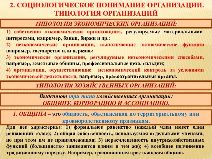 2. СОЦИОЛОГИЧЕСКОЕ ПОНИМАНИЕ ОРГАНИЗАЦИИ. ТИПОЛОГИЯ ОРГАНИЗАЦИЙ 1) собственно «экономические организации»,