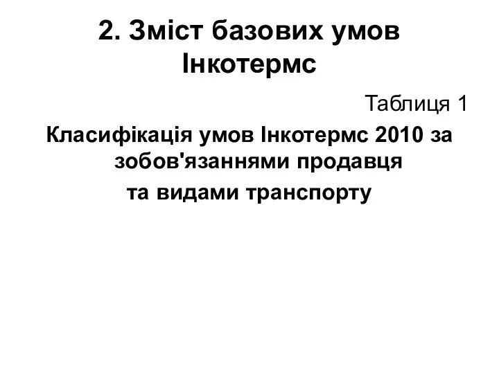 2. Зміст базових умов Інкотермс Таблиця 1 Класифікація умов Інкотермс