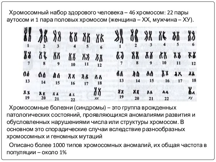Хромосомный набор здорового человека – 46 хромосом: 22 пары аутосом и 1 пара