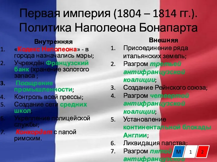 Первая империя (1804 – 1814 гг.). Политика Наполеона Бонапарта Внутренняя «Кодекс Наполеона» -