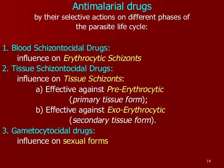 Antimalarial drugs by their selective actions on different phases of the parasite life
