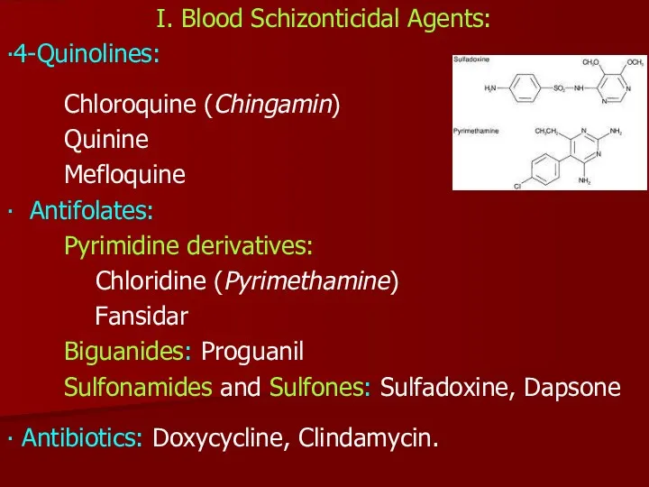I. Blood Schizonticidal Agents: ∙4-Quinolines: Chloroquine (Chingamin) Quinine Mefloquine ∙ Antifolates: Pyrimidine derivatives: