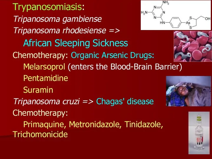 Trypanosomiasis: Tripanosoma gambiense Tripanosoma rhodesiense => African Sleeping Sickness Chemotherapy: Organic Arsenic Drugs: