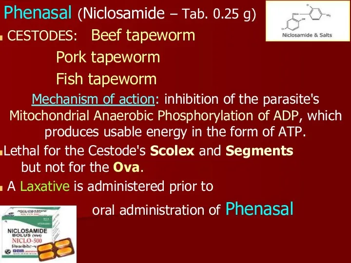 Phenasal (Niclosamide – Tab. 0.25 g) CESTODES: Beef tapeworm Pork tapeworm Fish tapeworm