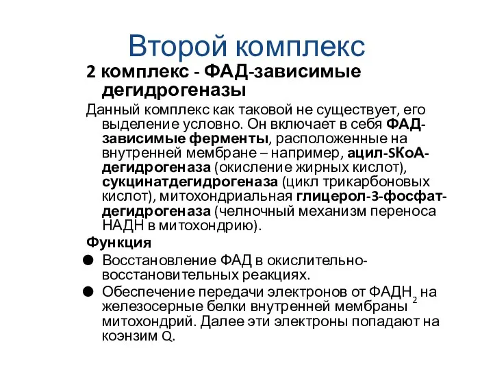 Второй комплекс 2 комплекс - ФАД-зависимые дегидрогеназы Данный комплекс как