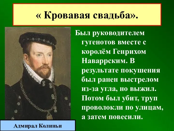 Был руководителем гугенотов вместе с королём Генрихом Наваррским. В результате