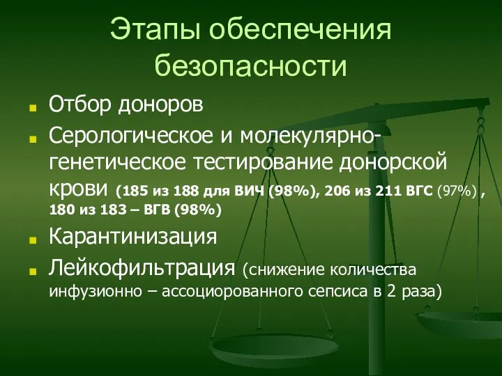 Этапы обеспечения безопасности Отбор доноров Серологическое и молекулярно-генетическое тестирование донорской