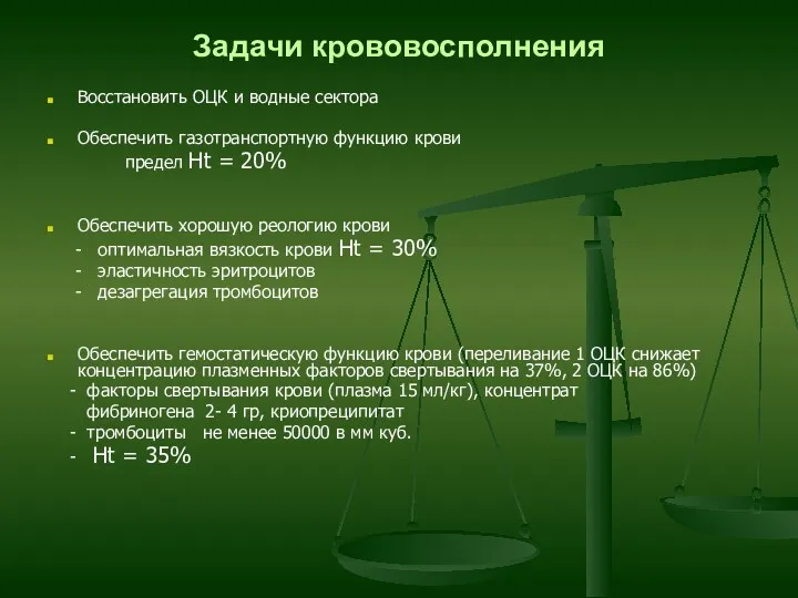 Задачи крововосполнения Восстановить ОЦК и водные сектора Обеспечить газотранспортную функцию