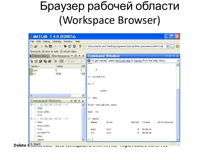 Браузер рабочей области (Workspace Browser) Delete в меню Edit; Save Workspace As в