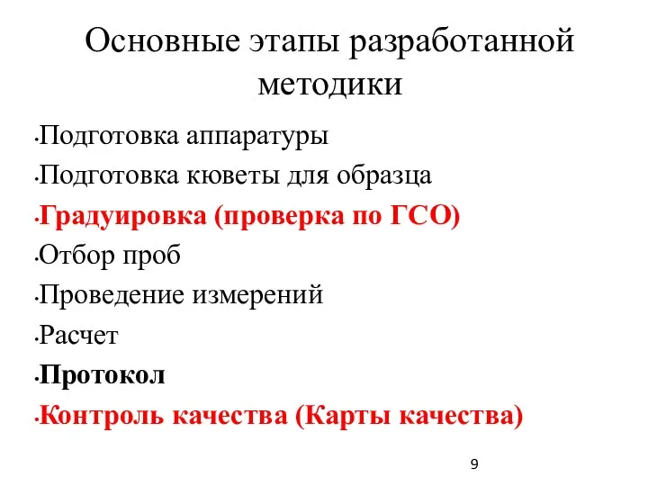 Основные этапы разработанной методики Подготовка аппаратуры Подготовка кюветы для образца