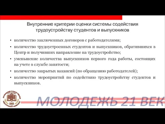 Внутренние критерии оценки системы содействия трудоустройству студентов и выпускников количество