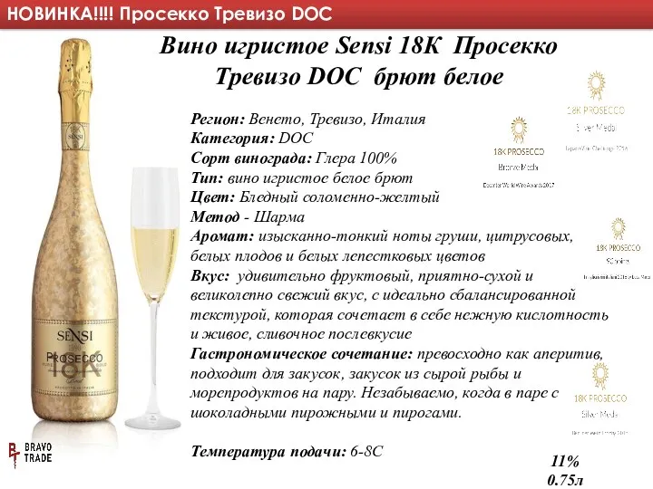 Вино игристое Sensi 18К Просекко Тревизо DOC брют белое Регион: