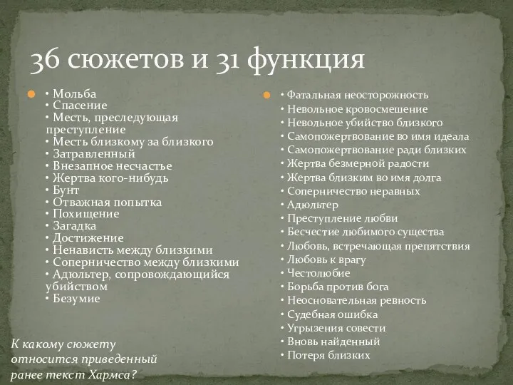 36 сюжетов и 31 функция • Мольба • Спасение • Месть, преследующая преступление