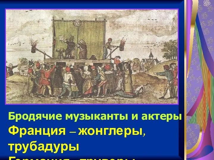 Бродячие музыканты и актеры Франция – жонглеры, трубадуры Германия - труверы