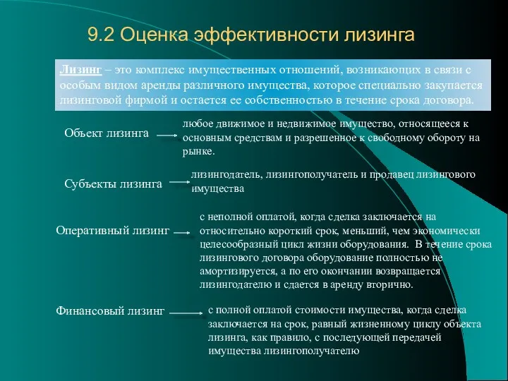 9.2 Оценка эффективности лизинга Лизинг – это комплекс имущественных отношений,