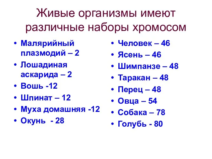 Живые организмы имеют различные наборы хромосом Малярийный плазмодий – 2