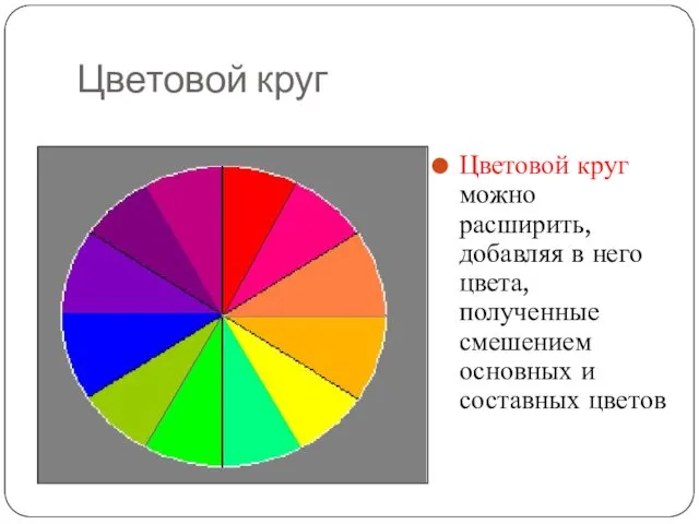 Цветовой круг Цветовой круг можно расширить, добавляя в него цвета, полученные смешением основных и составных цветов