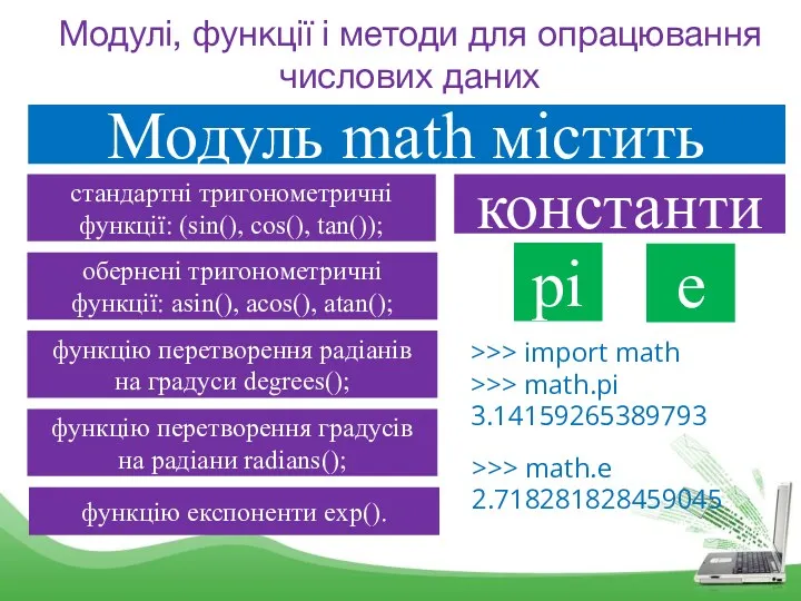 Модулі, функції і методи для опрацювання числових даних Модуль math