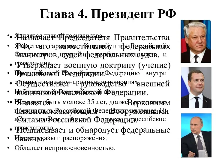 Глава 4. Президент РФ Является главой государства. Является гарантом Конституции Российской Федерации, прав
