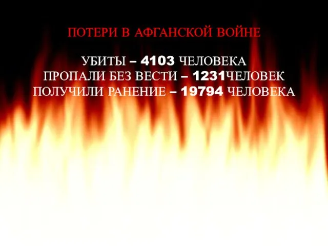 ПОТЕРИ В АФГАНСКОЙ ВОЙНЕ УБИТЫ – 4103 ЧЕЛОВЕКА ПРОПАЛИ БЕЗ ВЕСТИ – 1231ЧЕЛОВЕК