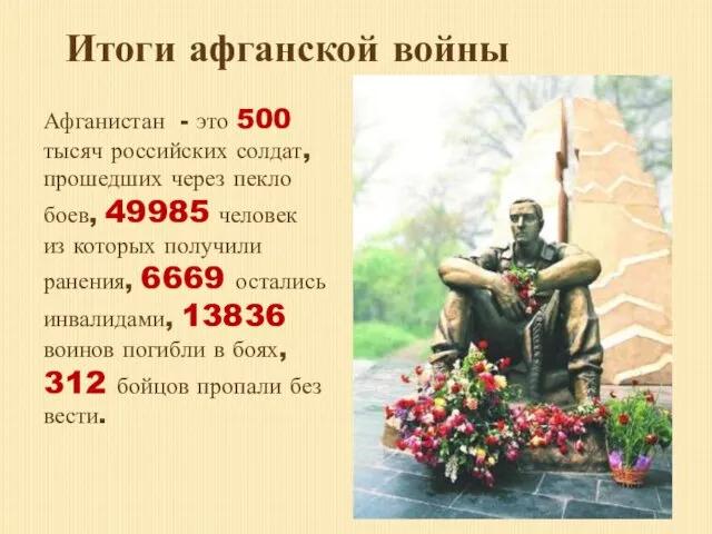 Итоги афганской войны Афганистан - это 500 тысяч российских солдат,