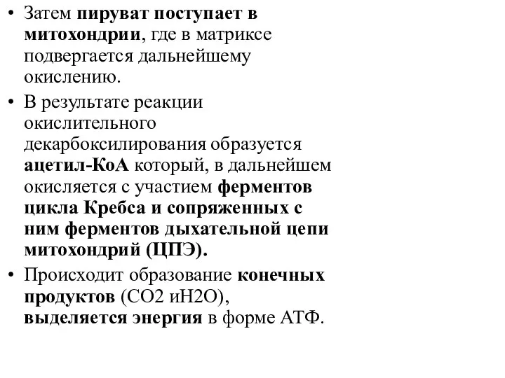 Затем пируват поступает в митохондрии, где в матриксе подвергается дальнейшему