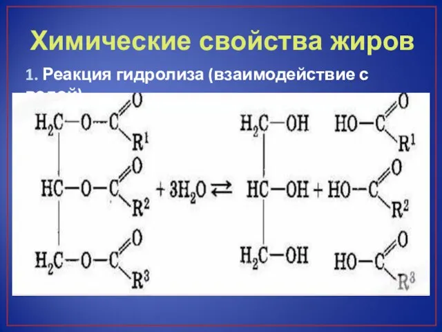 Химические свойства жиров 1. Реакция гидролиза (взаимодействие с водой)