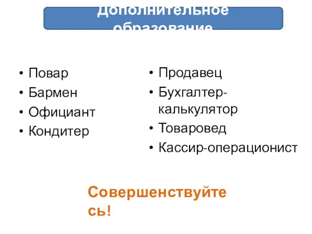 Дополнительное образование Совершенствуйтесь! Повар Бармен Официант Кондитер Продавец Бухгалтер-калькулятор Товаровед Кассир-операционист