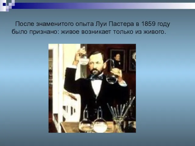 После знаменитого опыта Луи Пастера в 1859 году было признано: живое возникает только из живого.