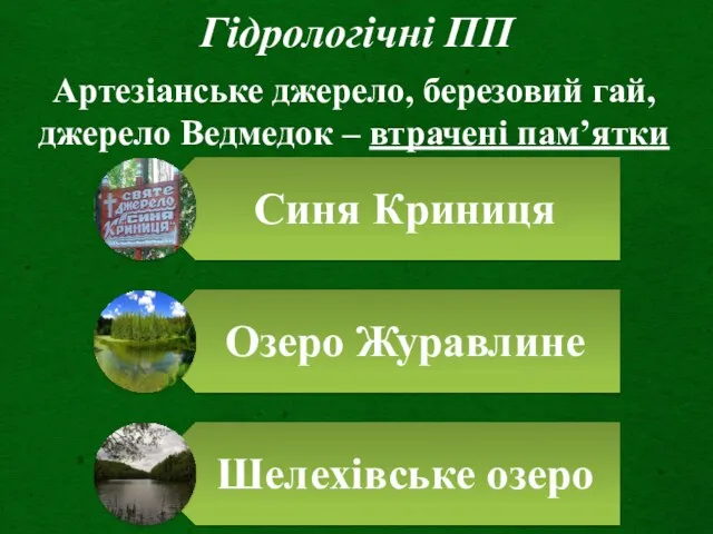 Гідрологічні ПП Артезіанське джерело, березовий гай, джерело Ведмедок – втрачені пам’ятки