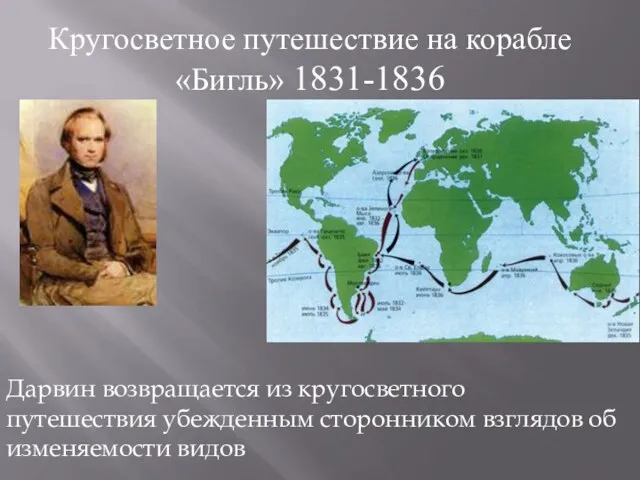 Кругосветное путешествие на корабле «Бигль» 1831-1836 Дарвин возвращается из кругосветного путешествия убежденным сторонником