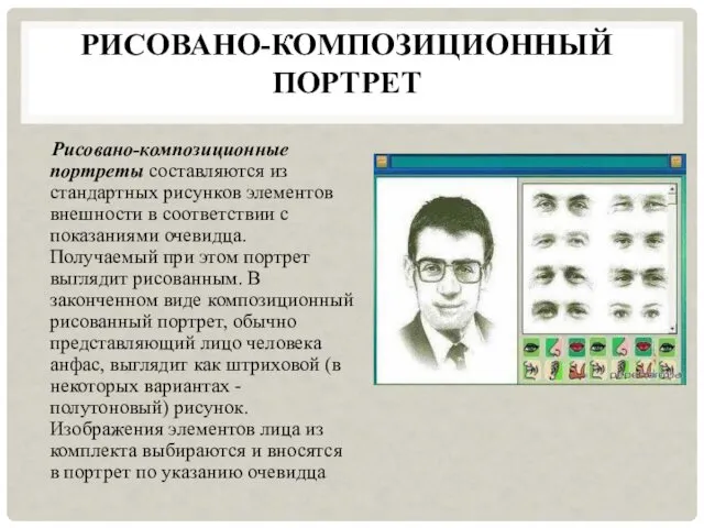 Рисовано-композиционные портреты составляются из стандартных рисунков элементов внешности в соответствии с показаниями очевидца.