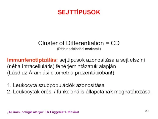 SEJTTÍPUSOK Cluster of Differentiation = CD (Differenciálódási markerek) Immunfenotipizálás: sejttípusok azonosítása a sejtfelszíni
