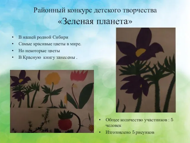 Районный конкурс детского творчества «Зеленая планета» В нашей родной Сибири Самые красивые цветы