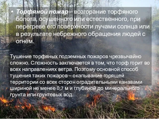 Торфяной пожар – возгорание торфяного болота, осушенного или естественного, при