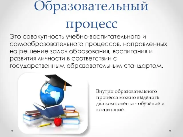 Образовательный процесс Это совокупность учебно-воспитательного и самообразовательного процессов, направленных на