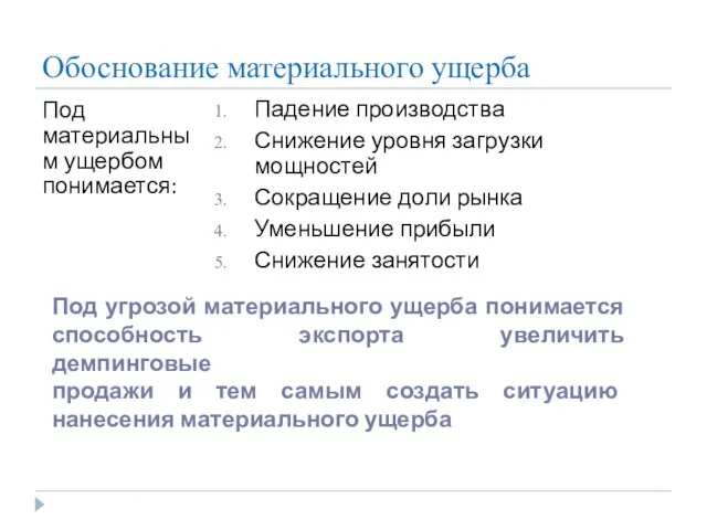 Обоснование материального ущерба Под материальным ущербом понимается: Падение производства Снижение