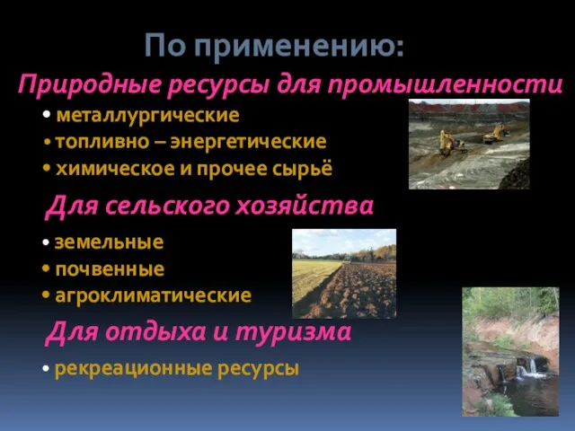 По применению: Природные ресурсы для промышленности металлургические топливно – энергетические