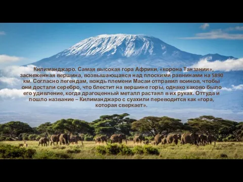 Килиманджаро. Самая высокая гора Африки, «корона Танзании», заснеженная вершина, возвышающаяся