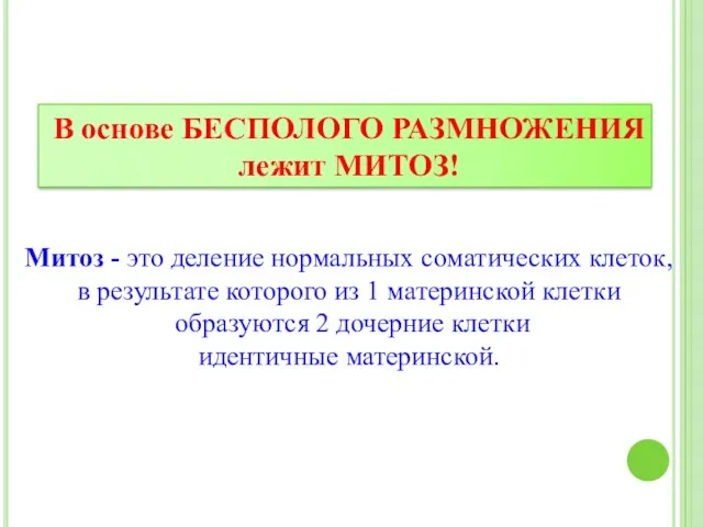 В основе БЕСПОЛОГО РАЗМНОЖЕНИЯ лежит МИТОЗ! Митоз - это деление