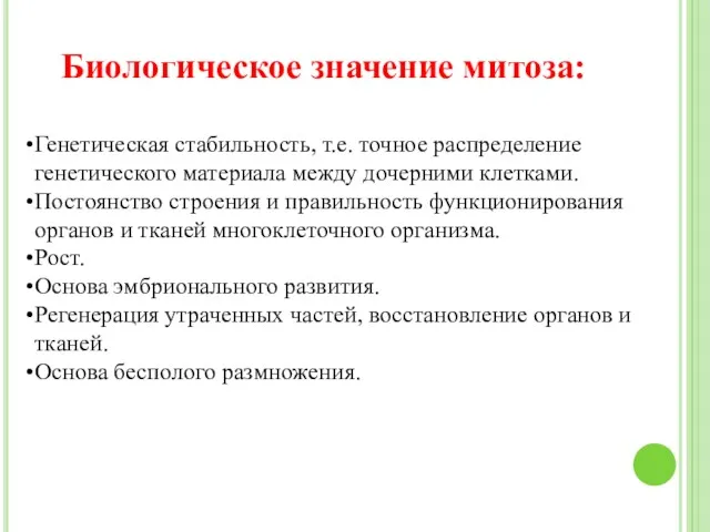 Биологическое значение митоза: Генетическая стабильность, т.е. точное распределение генетического материала