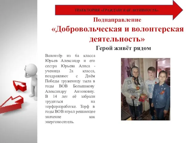 ТРАЕКТОРИЯ «ГРАЖДАНСКАЯ АКТИВНОСТЬ» Поднаправление «Добровольческая и волонтерская деятельность» Герой живёт рядом Волонтёр из