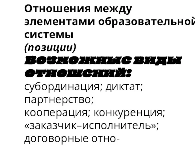 Отношения между элементами образовательной системы (позиции) Возможные виды отношений: субординация;