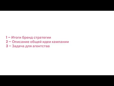 1 – Итоги бренд стратегии 2 – Описание общей идеи кампании 3 – Задача для агентства